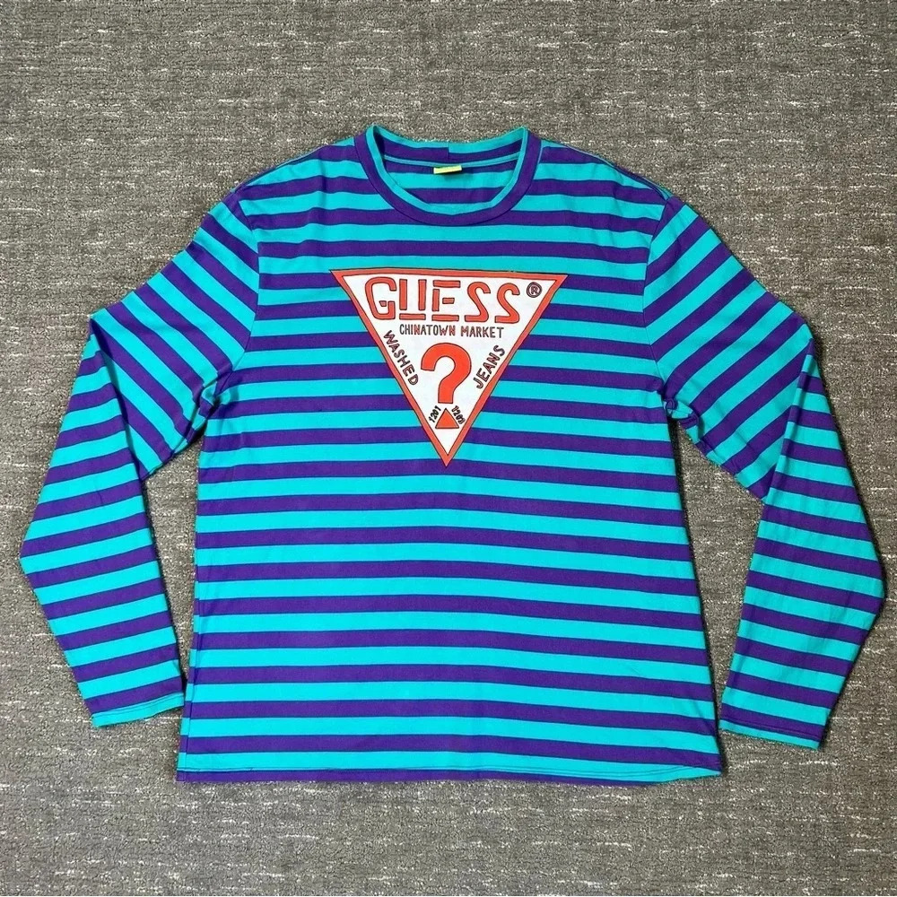 Guess x Chinatown Market Striped Long Sleeve Shirt Strawberry Purple Teal XL